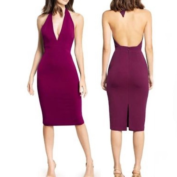 Dress the Population Vanessa Plunging Halter Bodycon Midi Dress Dark Magenta S - Picture 1 of 11